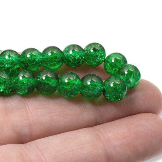 50 Emerald Green 8mm Round Glass Crackle Beads - DIY Jewelry, Christmas Crafts