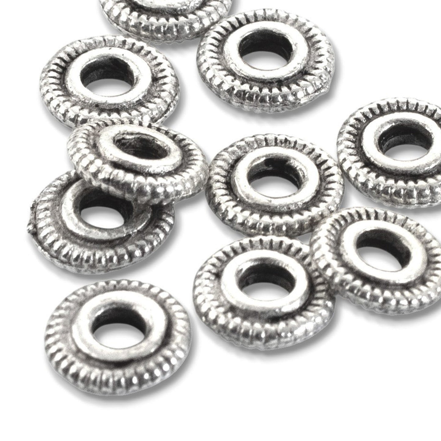 Antique Silver Spacer Beads 6mm Line Edge Large Hole Leather Cord 10-Pack USA