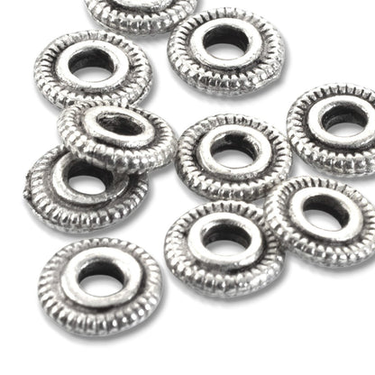 Antique Silver Spacer Beads 6mm Line Edge Large Hole Leather Cord 10-Pack USA