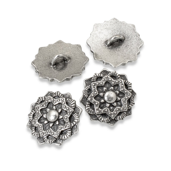 4 Antique Pewter Mandala Buttons, TierraCast Silver Leather Clasp, Shank Back