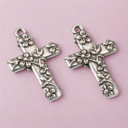 Silver Floral Cross Pendants, Silver-Plated Pewter Charms, DIY Rosary Making, Religious Jewelry Supplies, Bridal Keepsake Components, 2 Pack