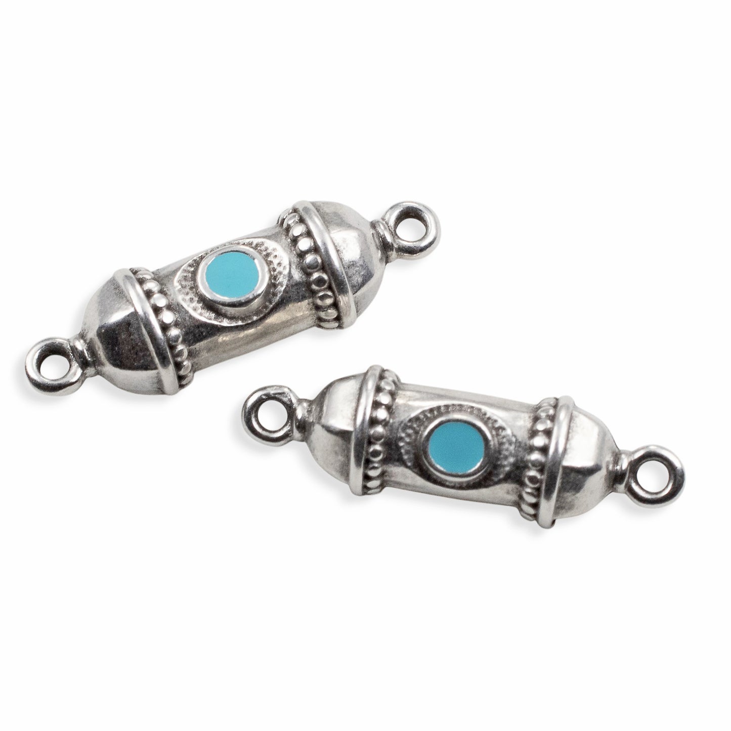 Silver Prayer Amulet Pendant 2Pcs, Antique Deco Connector with Aqua Enamel, Spiritual Jewelry Supply