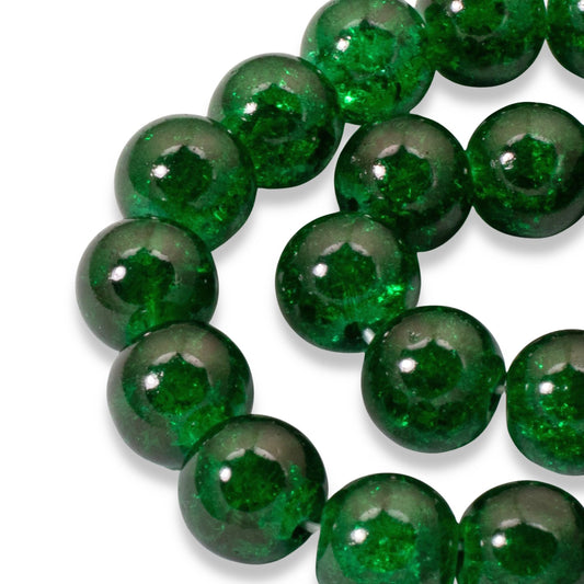 Emerald Green Crackle Beads 30-Pack, 10mm Round Glass Beads, Christmas Holiday Jewelry & Crafts