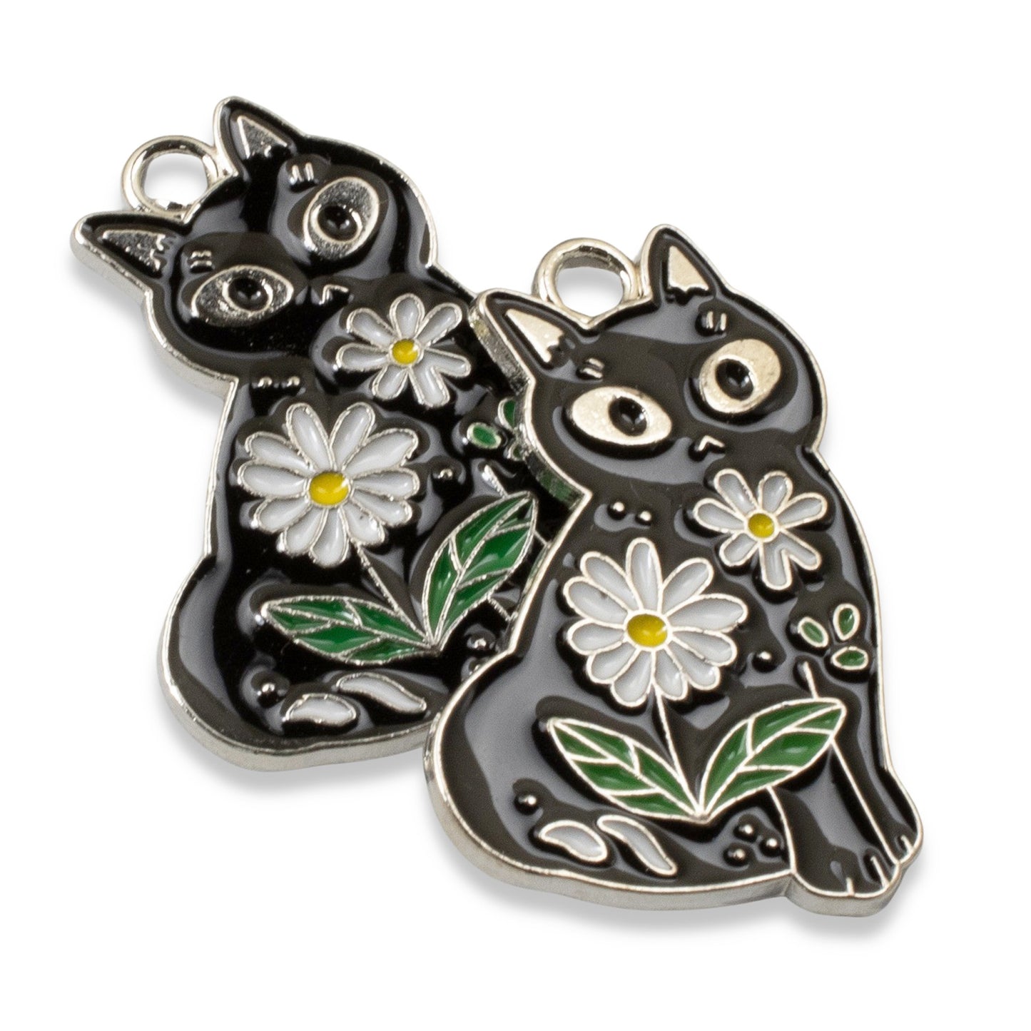 6 Whimsical Black Cat Charms - Daisy-Adorned Enamel Pendants - Cat Lover Gift