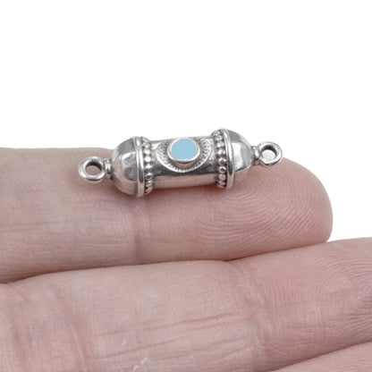Silver Prayer Amulet Pendant 2Pcs, Antique Deco Connector with Aqua Enamel, Spiritual Jewelry Supply