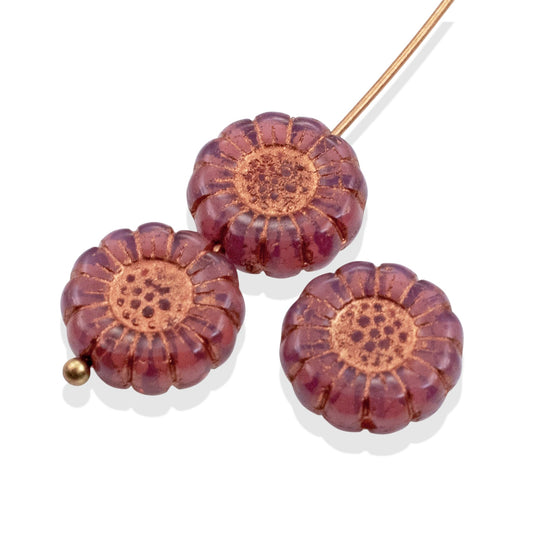 Pink Opaline Sunflower Beads: Czech Glass 13mm Copper Wash 8-Pack Floral Jewelry