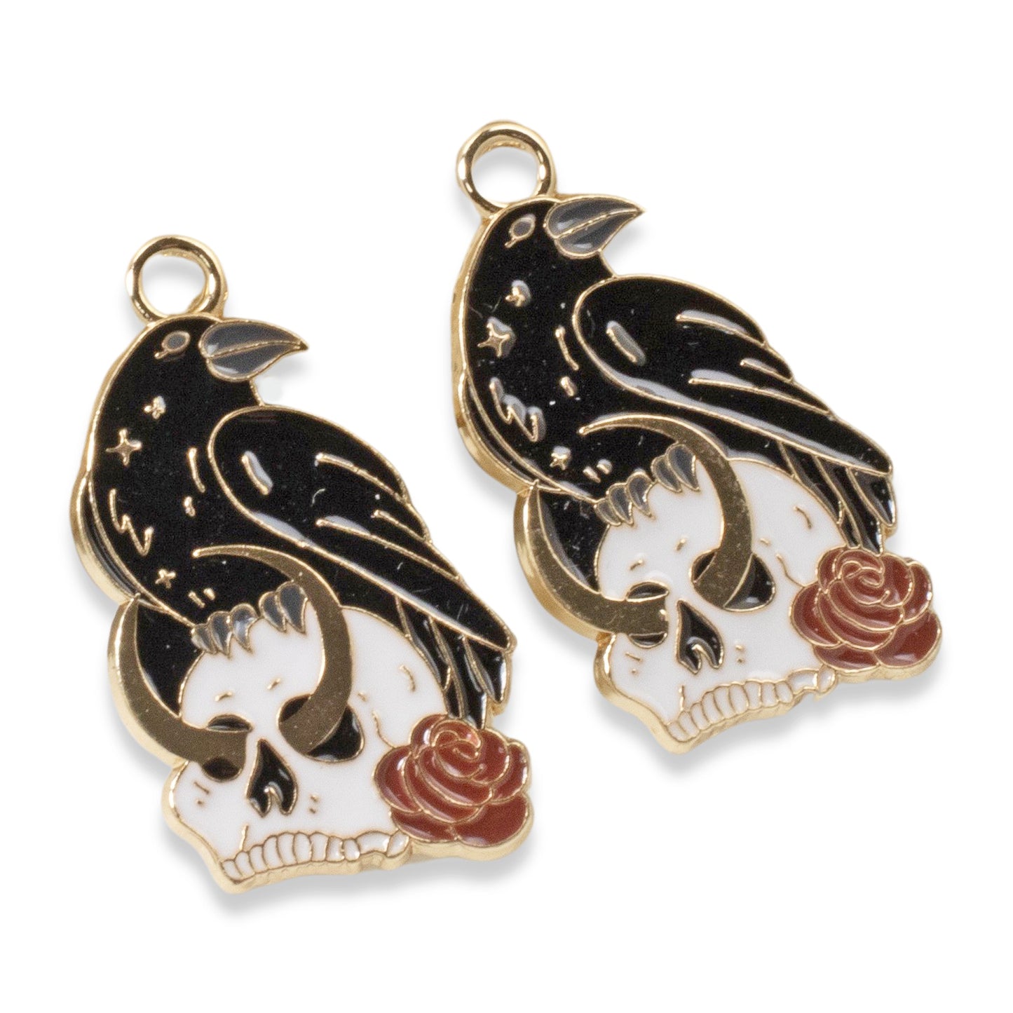 4 Raven, Skull & Rose Charm Set - Gothic Enamel Pendants for Unique Jewelry