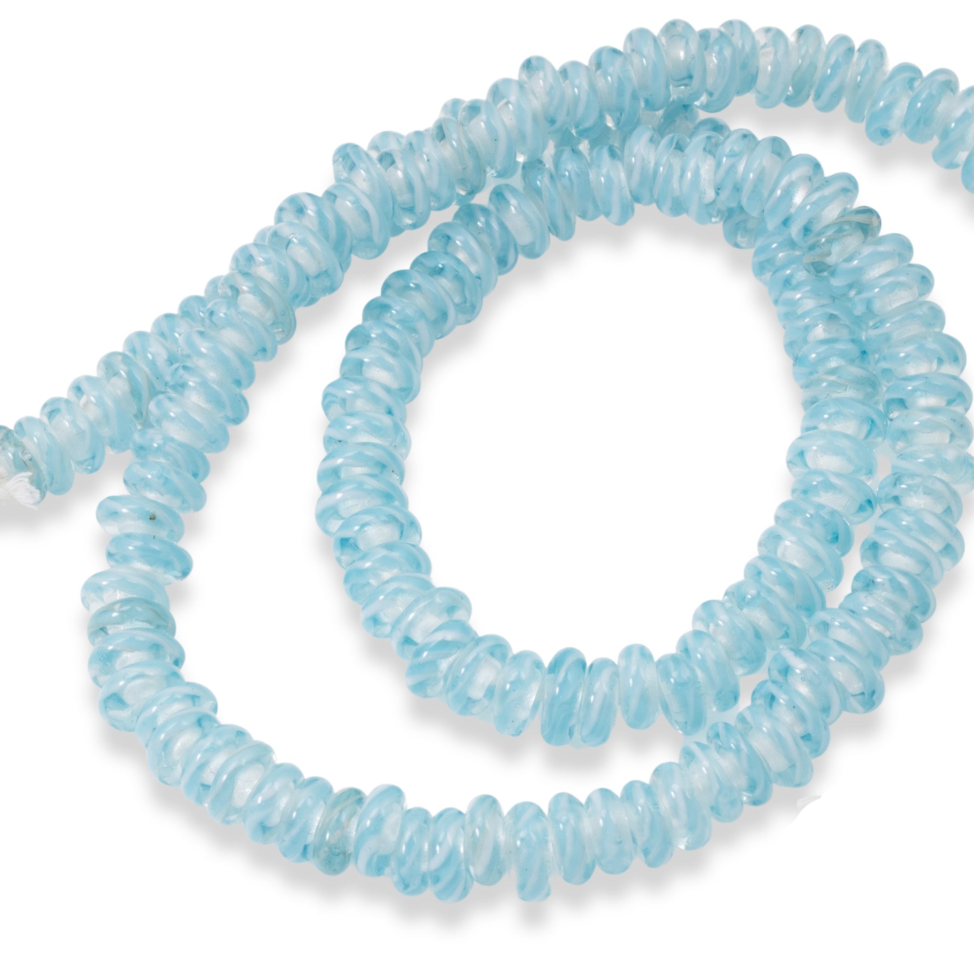 Aqua Blue & White Stripe Rondelle Glass Beads | Hackberry Creek