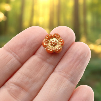 Wild Rose Czech Glass Beads, 8-Pack Burnt Orange Opaline Gold Wash, Flower Beads