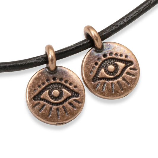 Copper Evil Eye Charms, 2-Pack Mystical Boho Coin Pendants for Leather Cord