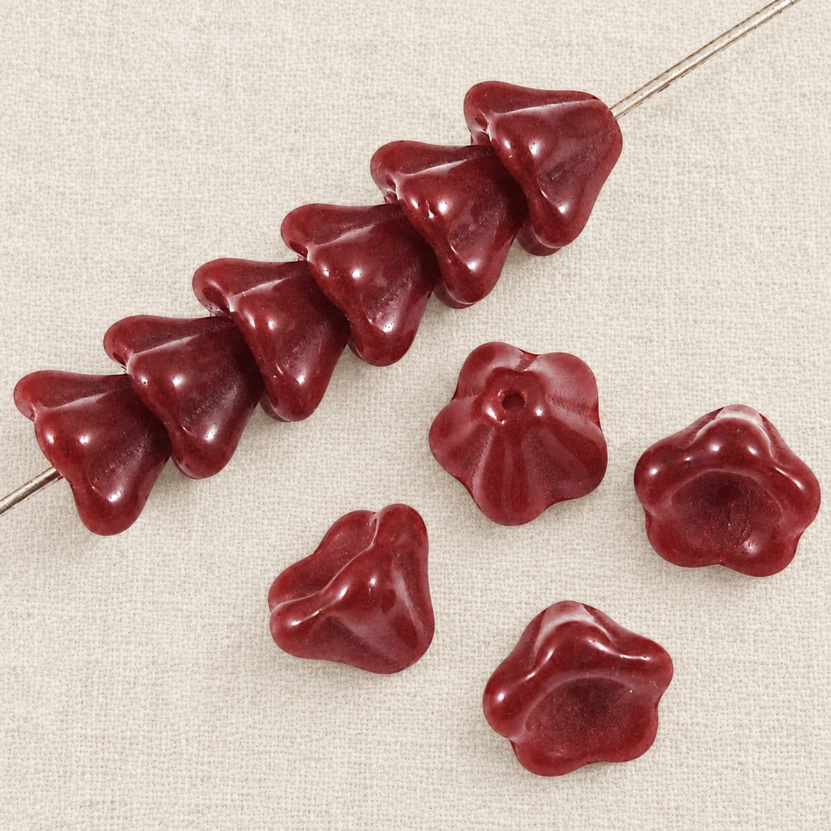 Maroon Red Bell Flower Beads, 25-Pack Czech Glass for Jewelry Crafts, 6x8mm