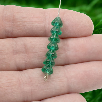 100pcs Teal Green Czech Glass Mini Bell Flower Beads, 4x6mm Spring Garden Beads