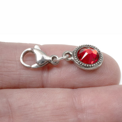 July Birthstone Clip-On Charm, Light Siam Red Crystal with Clip-On Design and Lobster Clasp, Unique Present for Birthday, Small Gift Idea