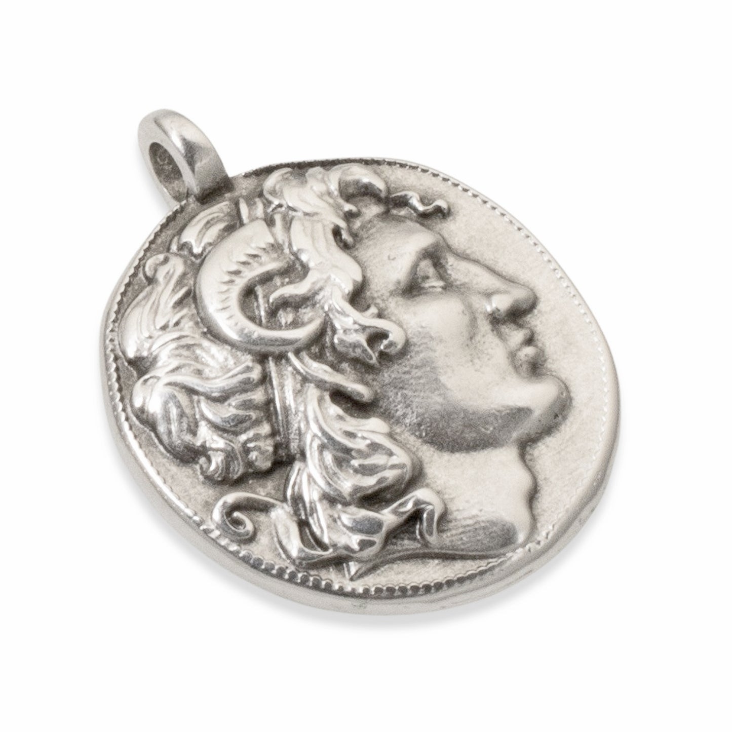 Alexander the Great Pendant, Sterling Silver Plated European Charm, Double-Sided Classical Ancient Greek Coin 1Pc