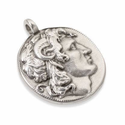 Alexander the Great Pendant, Sterling Silver Plated European Charm, Double-Sided Classical Ancient Greek Coin 1Pc