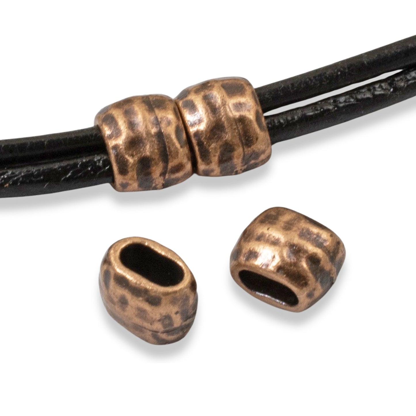 10 Antique Copper Hammered Barrel Leather Crimp Beads, 4x2mm Hole Size