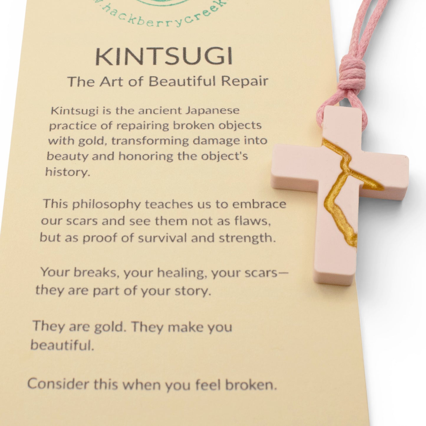 Pink Kintsugi Cross Necklace, Inspirational Wearable Art, Handmade Cross Pendant, Meaningful Gift, Japanese Philosophy Jewelry