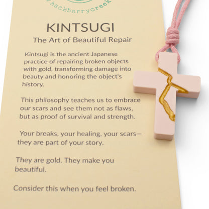 Pink Kintsugi Cross Necklace, Inspirational Wearable Art, Handmade Cross Pendant, Meaningful Gift, Japanese Philosophy Jewelry