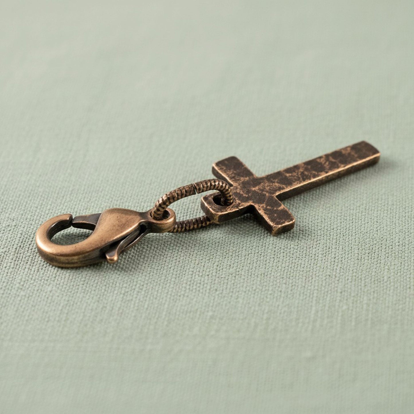 Copper Cross Clip-On Charm: Delicate Distressed Finish Boho Pendant Baptism Gift