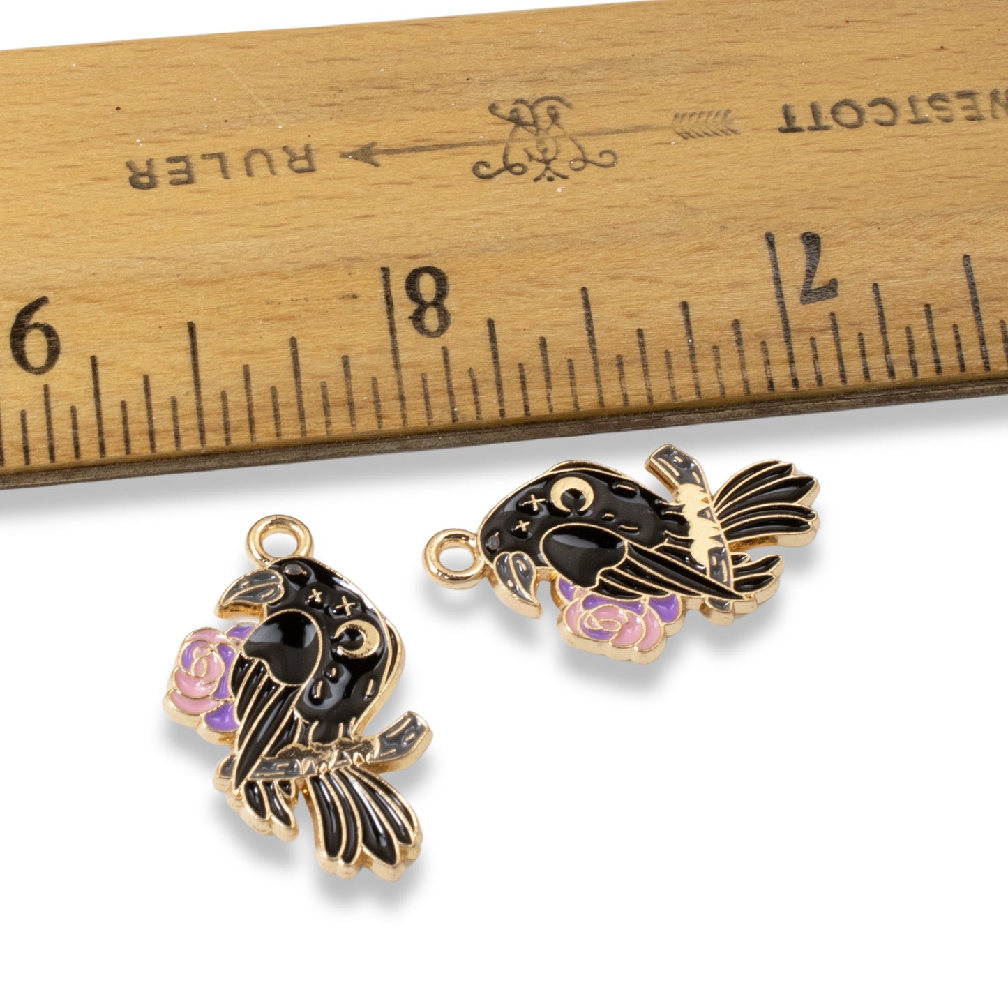 4-Pack Gothic Raven Charms Set, Black & Pink Enamel Pieces for Jewelry Crafting