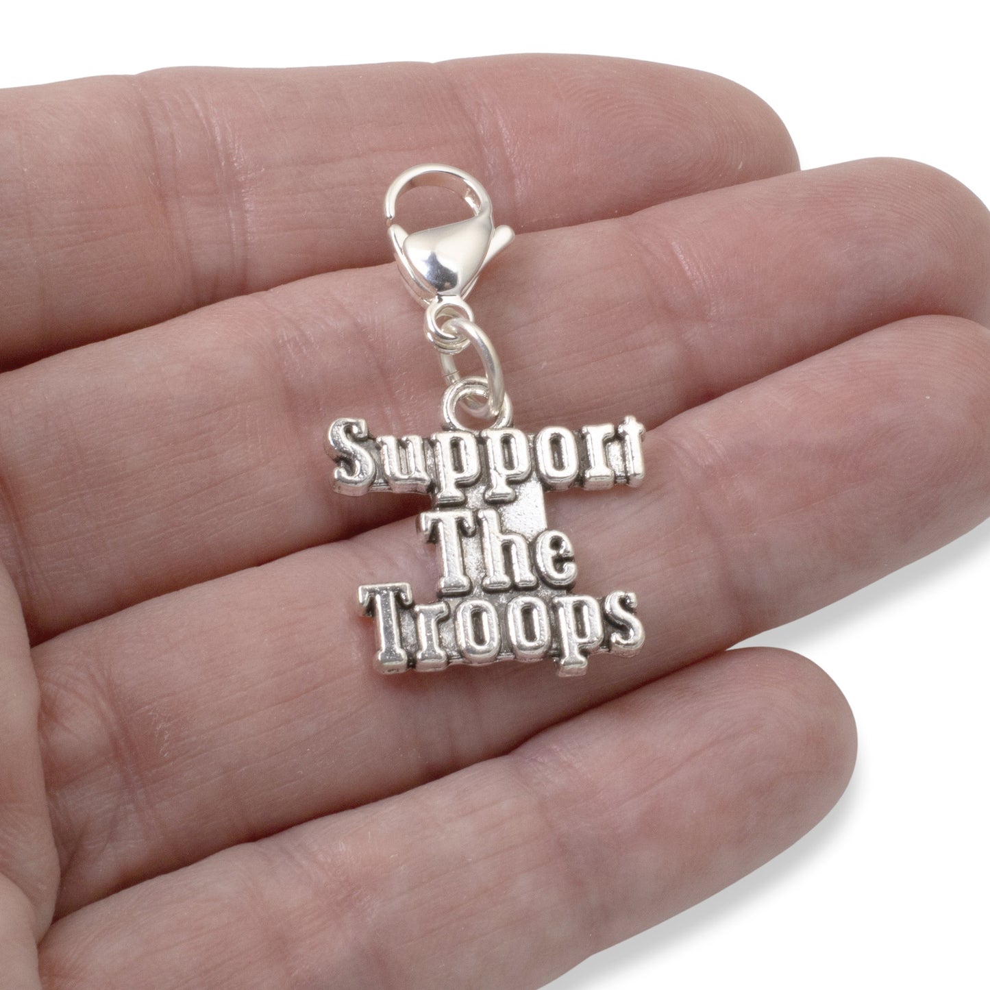 Support the Troops Clip On Charm: Military Pride Patriotic Gift Silver 1 1/2"