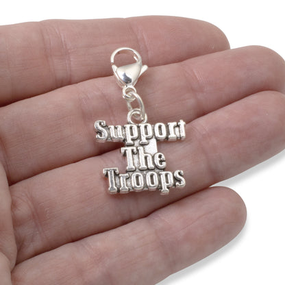Support the Troops Clip On Charm: Military Pride Patriotic Gift Silver 1 1/2"