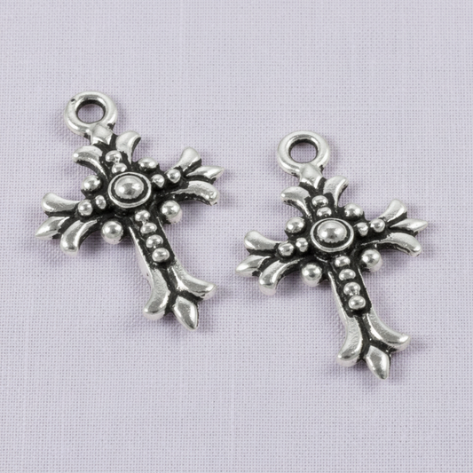 Fleur Cross Charms: Antique Silver Faith Necklace Rosary Pendant 2-Pack