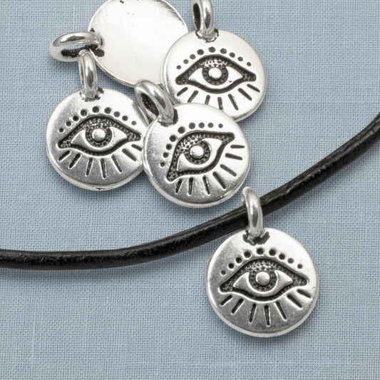 Silver Evil Eye Charm Pendants, Mini Symbol for Leather Cord, 5-Pack