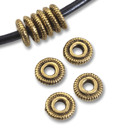 Antique Gold Spacer Beads 6mm: Line Edge Large Hole Pewter 10-Pack USA