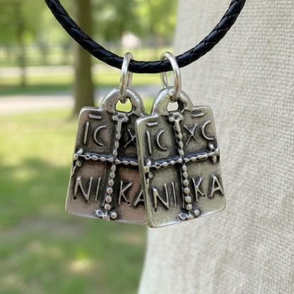 Byzantine Cross Pendant Silver Antique: IC XC Sacred Symbol Charm 2-Pack