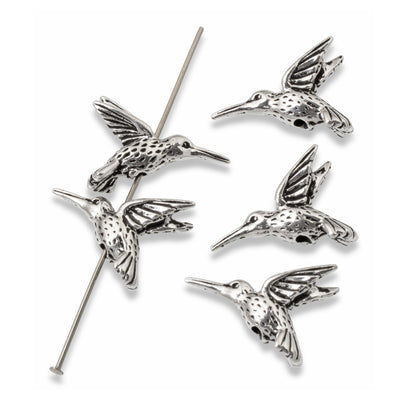 5 Silver Hummingbird Beads, TierraCast Pewter Bird Animal Bead for DIY Jewelry