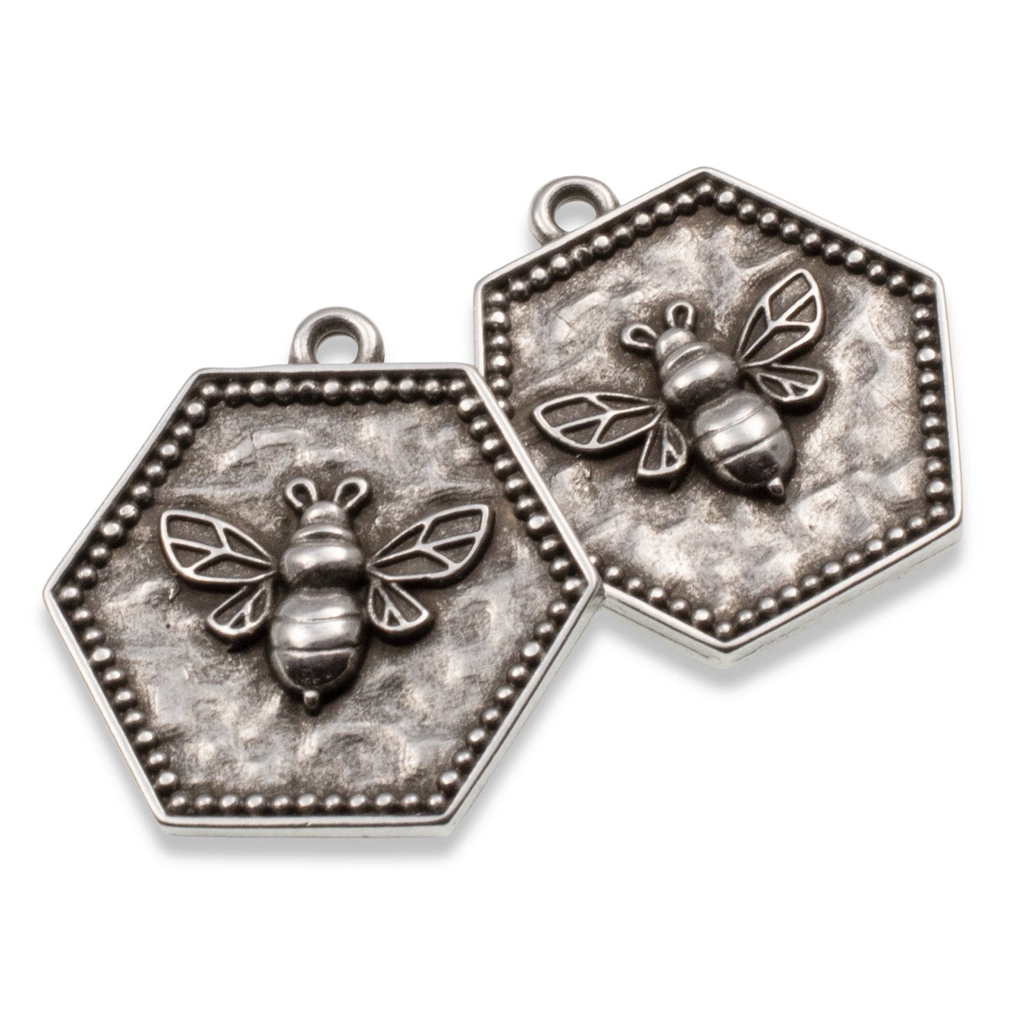 Silver Hexagon Bee Charm: 2Pc Medallion Pendants, Spring Garden Jewelry Making, Nature Earrings