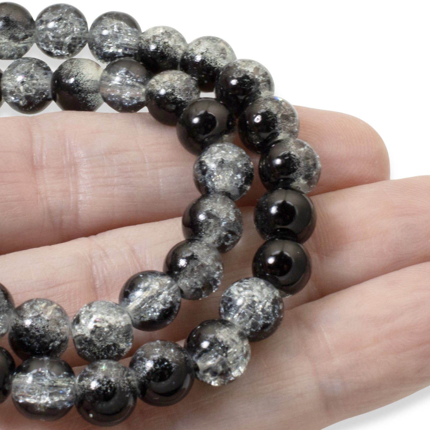 50-Pack 8mm Black & Clear Crackle Glass Beads, Two-Tone Beads for DIY Jewelry