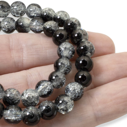 50-Pack 8mm Black & Clear Crackle Glass Beads, Two-Tone Beads for DIY Jewelry