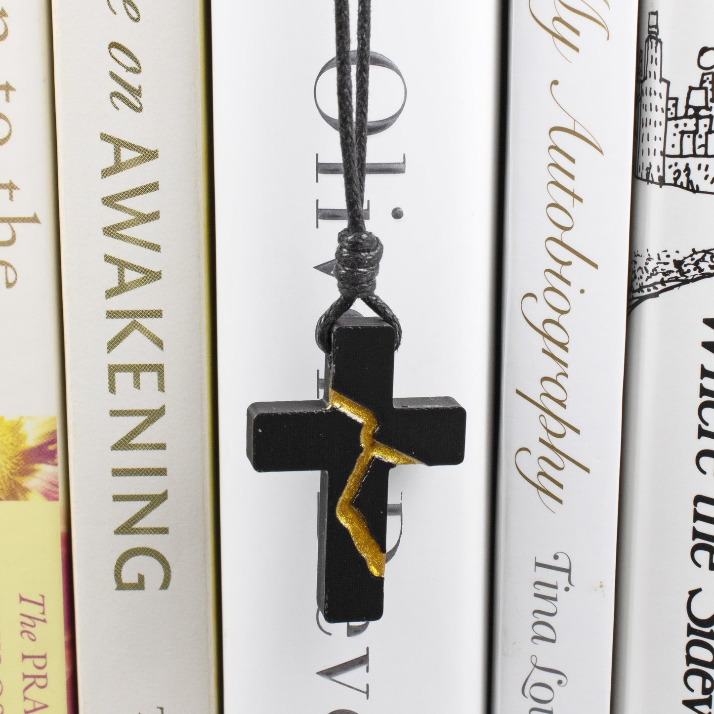 Black Kintsugi Cross Necklace, Inspirational Wearable Art, Handmade Pendant, Meaningful Gift, Japanese Philosophy Jewelry