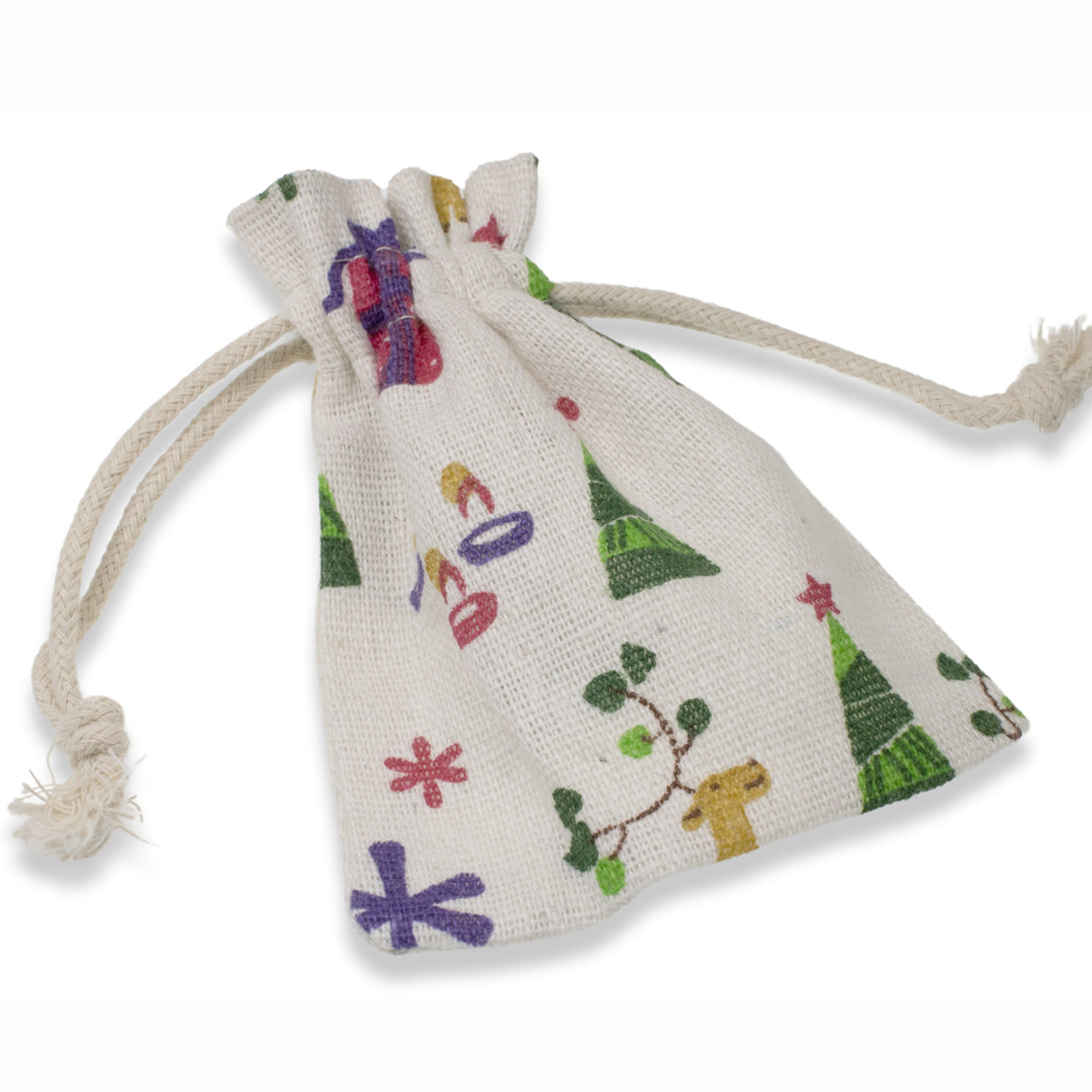 10 Small Christmas Themed Fabric Drawstring Bags, 3x4 Cloth Pouches