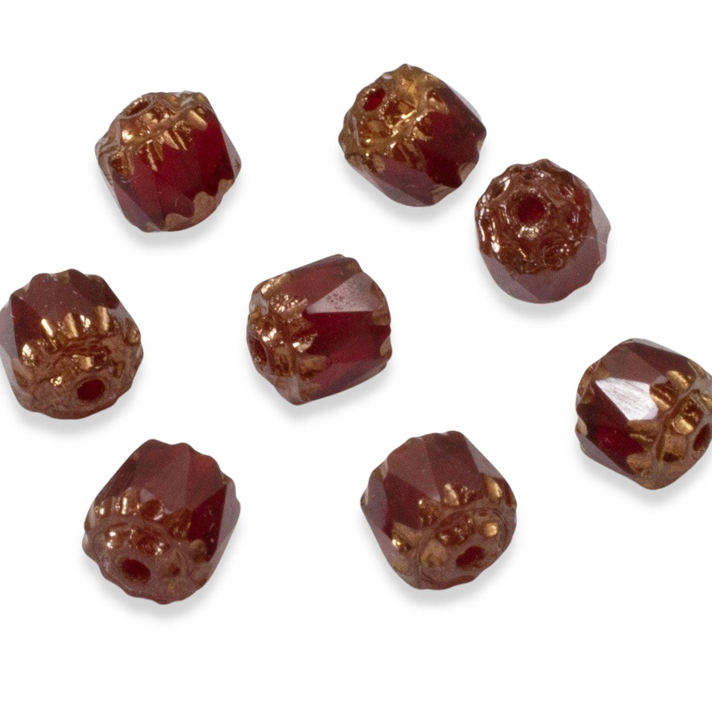 25 Faceted 6mm Crown Cathedral Beads - Garnet Red + Bronze Ends - Czech Glass