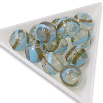 12 Aqua Lampwork Beads, Blue and Aventurine Swirl, For Handmade Jewelry & Crafts