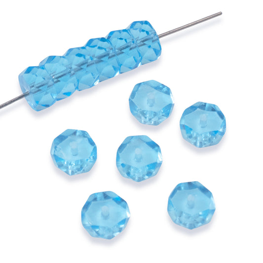 Transparent Aqua Czech Glass Faceted Rondelle Beads, 50-Pack 8mm Firepolished Spacers, Professional Quality, Ocean Blue
