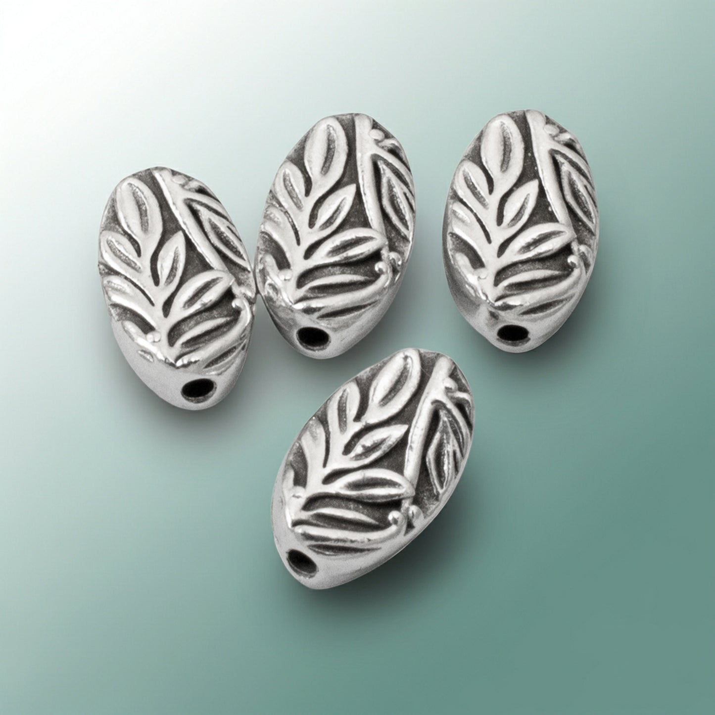 Botanical Leaf Beads, 4-Pack Antique Silver Oval Nature Beads 8x13mm, Jewelry Making