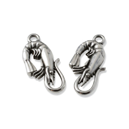 Shrimp Charm Silver Antique: Ocean Coastal Sea Life Boho Pendant 4-Pack