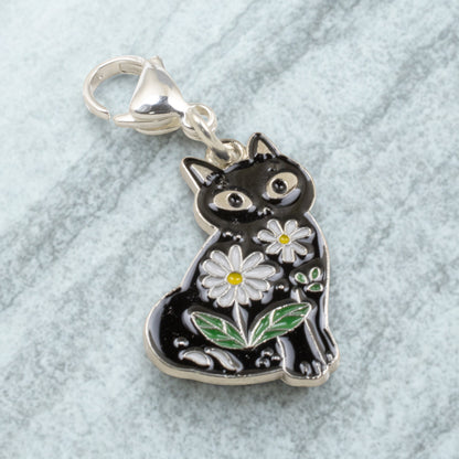 Black Cat Daisy Clip-on Charm, Zipper Pull, Bag Accessory, Cat Lover Gift