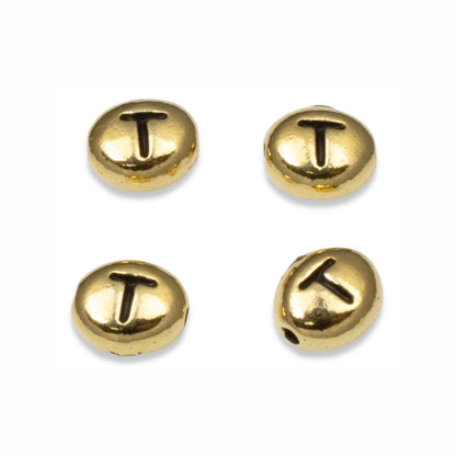 4 Gold Letter "T" Alphabet Beads, TierraCast Oval Initial Beads for DIY Jewelry