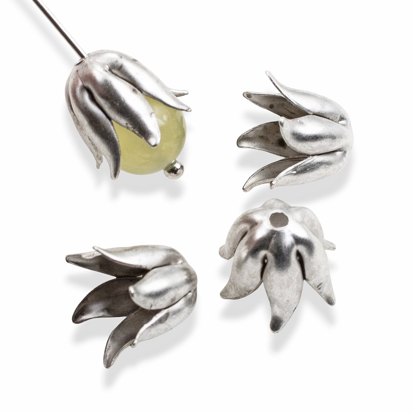 Curled Petal Bead Caps 8mm Antique Silver-Plated Pewter: Dimensional Metal Findings USA Made 4-Pack