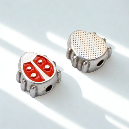 Red Enamel Ladybug Beads, 2Pc Fine Silver Plated, Spring Garden Nature Jewelry