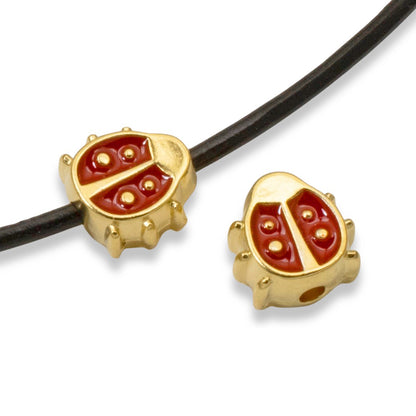 Red Enamel Ladybug Beads, 2Pc 24k Gold Plated, Spring Garden Nature Jewelry