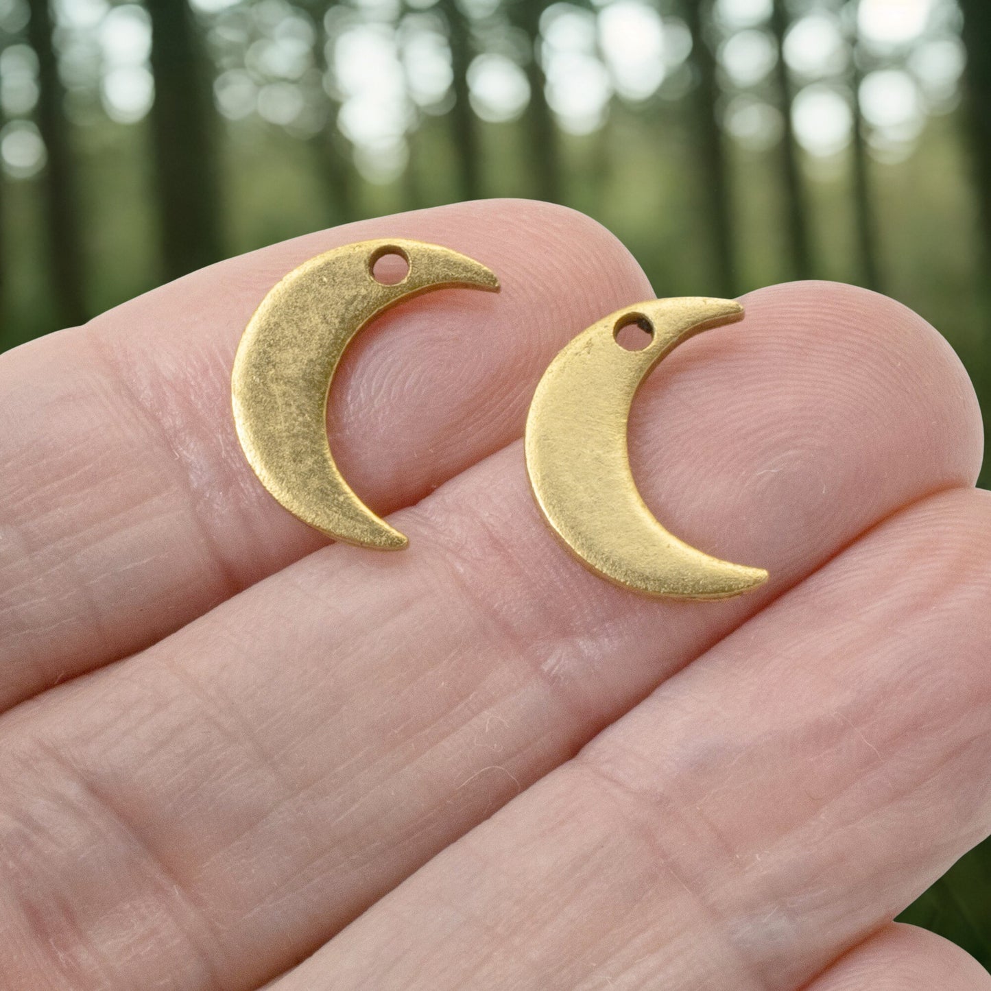 Celestial Gold Moon Charms, 2Pc 24k Plated Crescent Metal Stamping Flat Tags