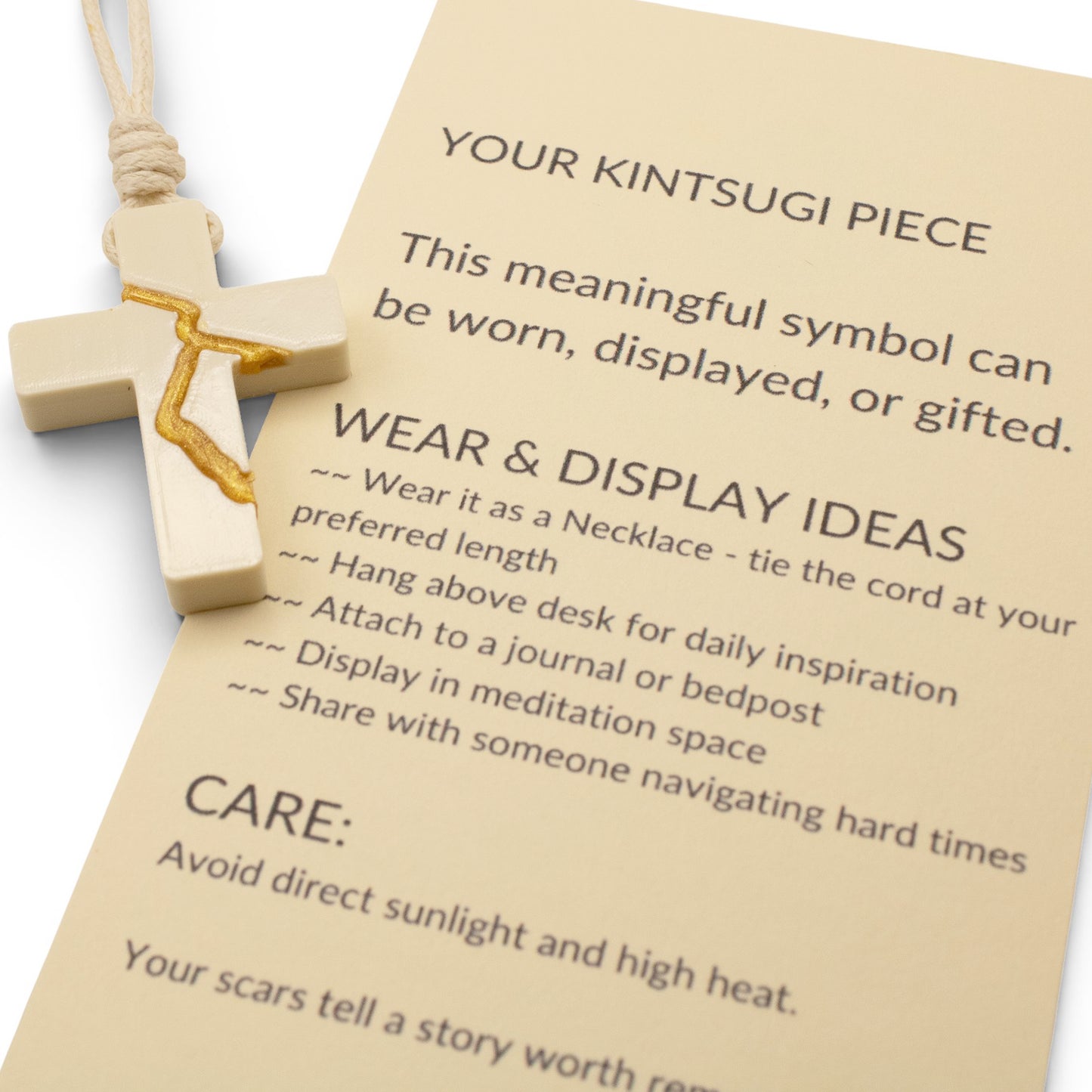 Ivory Kintsugi Cross Necklace, Inspirational Wearable Art, Handmade Pendant, Meaningful Gift, Japanese Philosophy Jewelry