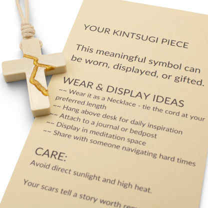 Ivory Kintsugi Cross Necklace, Inspirational Wearable Art, Handmade Pendant, Meaningful Gift, Japanese Philosophy Jewelry