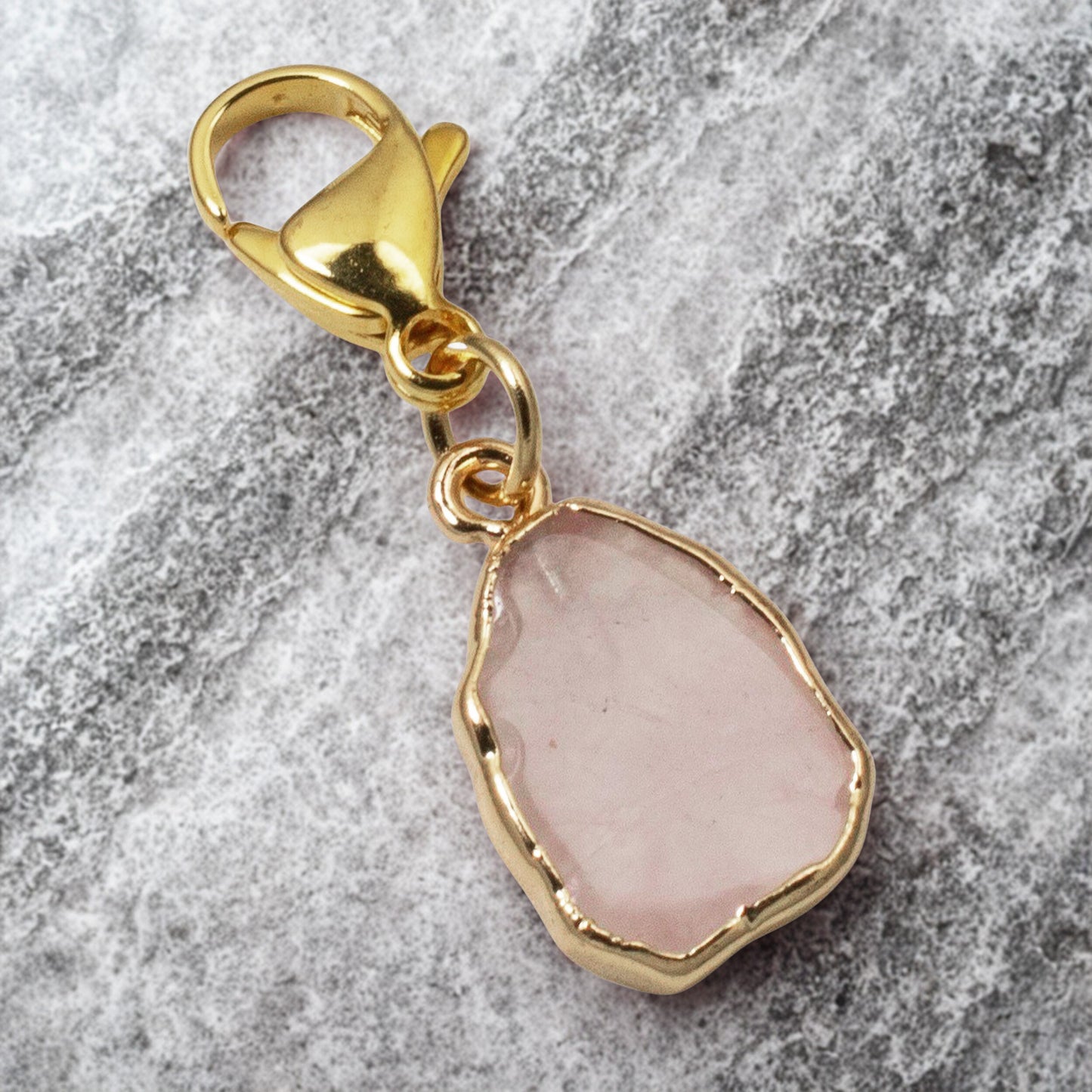 Rose Quartz Clip On Charm, Gold Edged Pink Crystal for Bag, Jewelry Accessory